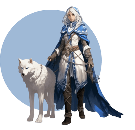 character drawing of mary with wolf by side